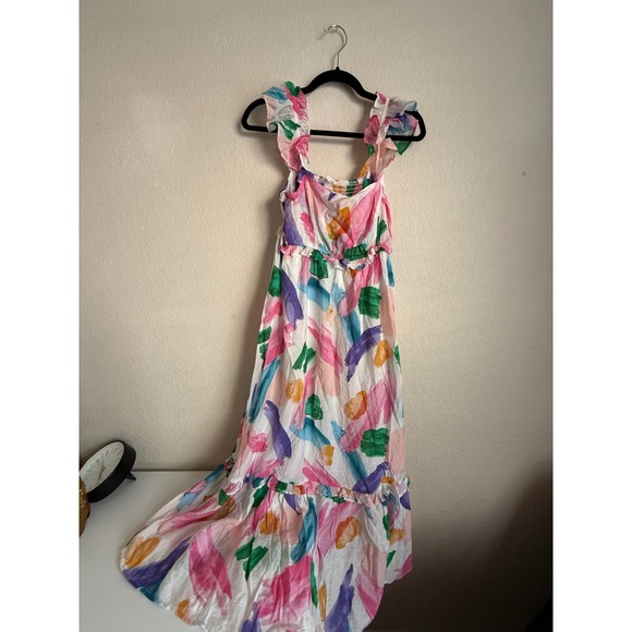 Blu Pepper Colorful Watercolor Maxi Dress Ruffle Sleeves Smocked - Picture 1 of 4